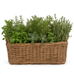Naklejka premium Assorted fresh culinary herbs in woven wicker basket, basil, rosemary, sage, parsley, oregano, thyme, healthy kitchen garden