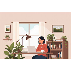 a home office setup, person working on a laptop with coffee cup, indoor plants, bookshelf, and minimalist decor, cozy daylight atmosphere, suitable for productivity and freelance work themes
