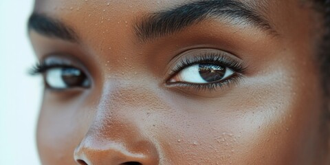 A woman's smooth complexion with glowing eyes, showcasing a close-up view of her sweat and pores.