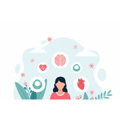 a person meditating with floating icons of brain, heart, and mindfulness symbols around, plants and soft calming colors, suitable for mental health awareness and therapy visuals.