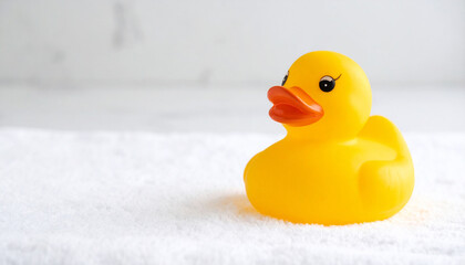 Rubber Duck's Playful Serenity: A cheerful, yellow rubber duck sits serenely on a soft, inviting bath towel, exuding charm and evoking a sense of childlike wonder and relaxation.