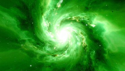 Emerald Celestial Vortex: An mesmerizing image of a vibrant cosmic vortex in an expansive, glowing emerald nebula, evokes feelings of wonder and the mysteries of the universe.
