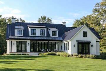 Fototapeta premium Country-modern farmhouse exterior with dark roof, white facade and black framed windows