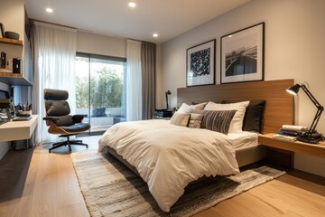 Fototapeta premium Contemporary bedroom office hybrid with ergonomic chair and soft bedding