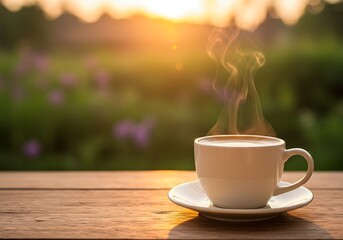 Obraz premium Good morning coffee scene featuring a cozy cup on rustic wood, framed by a dreamy, out-of-focus fall backdrop perfect for seasonal vibes and text placement.
