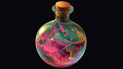 Colorful potion vial with cork stopper, swirling liquids, set against black