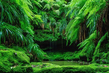 Fototapeta premium Lush fern forest with mossy rocks and a small waterfall