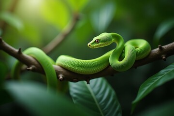Fototapeta premium Green Tree Snake in Jungle