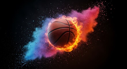 Basketball wallpaper with a fiery ball in motion, wrapped in colorful particles and contrasted by a dramatic dark backdrop — perfect for athletic-themed visuals.