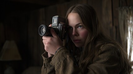 Focused woman aims vintage camera indoors, capturing a moment, against a rustic background