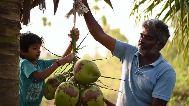 A boy and man harvesting coconuts from a palm tree