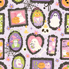 Pastel Halloween Ghost Portrait Seamless Pattern, Cute Spooky Frames and Characters