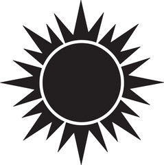 Simple black and white illustration of a radiant sun shining brightly on a clear background.