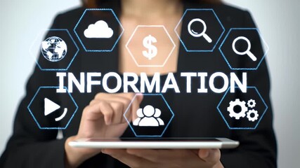 Businesswoman Utilizing Touchscreen Tablet Displaying Information Icons Against Light Grey Background In Studio Setting Optimized For Adobe Stock Photo - Powered by Adobe