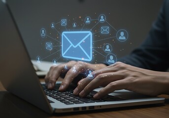 Global Email Network: Person Typing on Laptop, Digital Communication, Modern Technology, Professional Business Concept