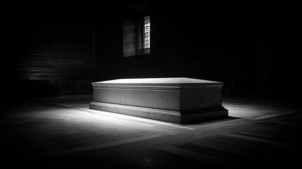 Dramatic black and white photo of stone sarcophagus illuminated by light from window in dark room, evoking mystery and solemnity