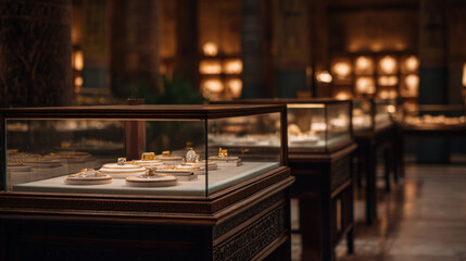 Jewelry display case with gold rings and watches in warmly lit elegant museum or gallery setting creating luxurious and inviting atmosphere