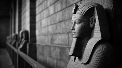 Ancient stone sculpture of pharaoh with detailed headdress and serene expression, natural lighting highlights texture and depth