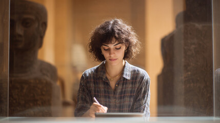 Young woman drawing on digital tablet inside museum with ancient Egyptian statues in background, focused and creative atmosphere