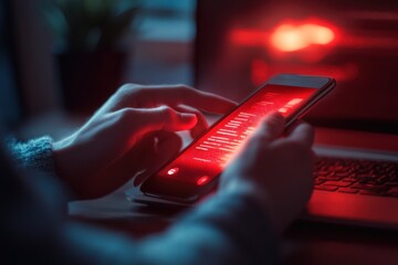 Concept of phishing attack with phone in hand, call from suspicious number with red interface glow