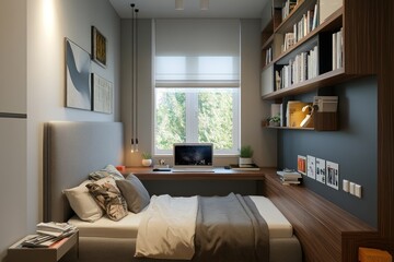 Compact bedroom with wall-mounted desk and cozy reading corner