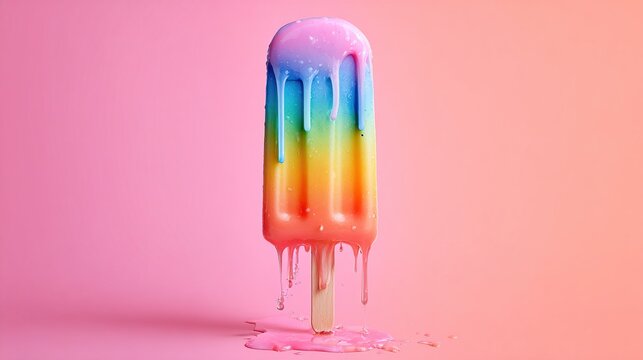 Melting rainbow popsicle on stick, pink background