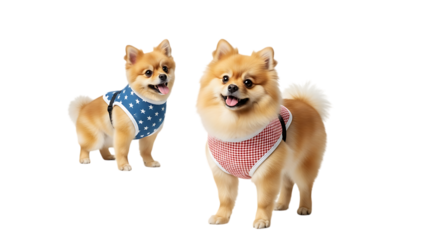 Two cute pomeranian dogs wearing patriotic bandanas isolated on transparent background
