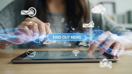 Woman Using Digital Tablet with Data and Information Flowing Through Blue Light Connections With Find Out More Button and Iconography Overlay - Powered by Adobe