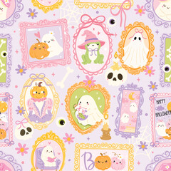Pastel Halloween Ghost Portrait Seamless Pattern, Cute Spooky Frames and Characters