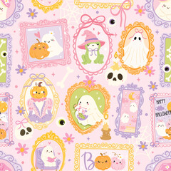 Pastel Halloween Ghost Portrait Seamless Pattern, Cute Spooky Frames and Characters