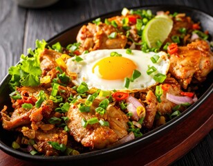 Delicious Filipino sisig served on a sizzling platter with fresh herbs and a sunny-side-up egg