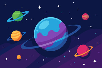 Planets and Stars in Glowing Outer Space Scene