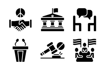 Set of diplomatic icons including ceasefire, summit, negotiation, sanctions, embassy, and press conference. Useful for peace talks, conflict resolution, and global affairs.