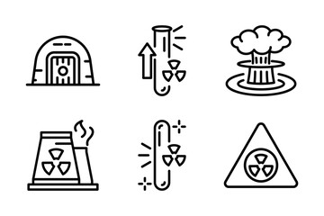Icons on nuclear themes facility, uranium, enrichment process, bunker, explosion, and warning. Ideal for conflict, energy, and global threat concepts.
