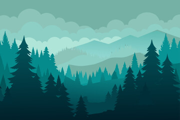 Misty Forest Scene with Tall Pine Trees View
