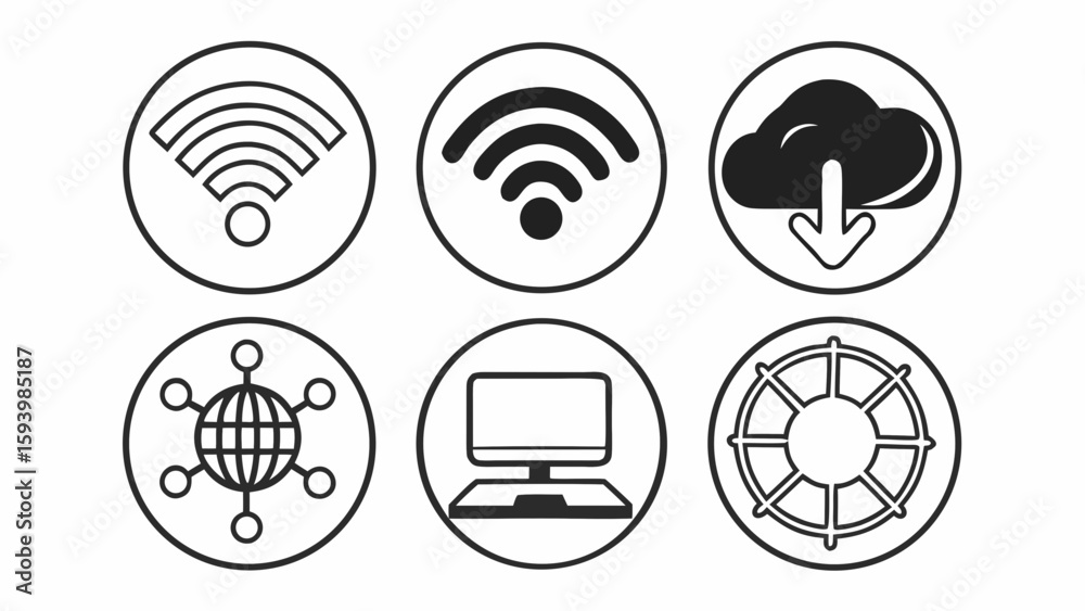 Poster black and white icons representing wifi, cloud download, globe and computer in circle frames created