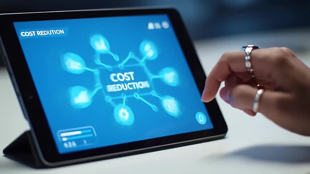 Hand Interacting with Digital Tablet Displaying Cost Reduction Icons on a White Surface in Bright Studio Lighting with Clear Graphic Information