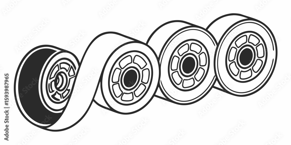 Poster illustration of a series of connected wheels with a winding path between them in monochrome style cr