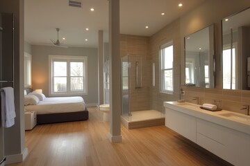 Clean open space showing bed and bathroom sinks, hardwood floor and modern finishes