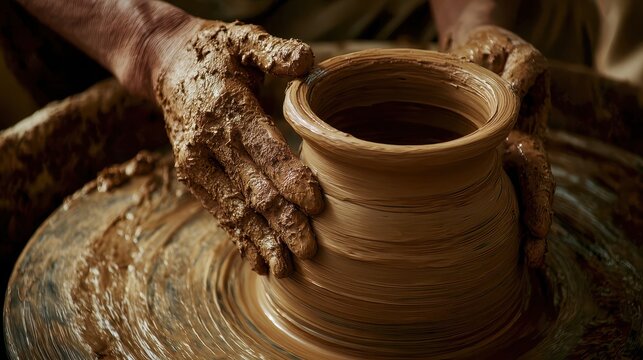 Hands shaping a clay pot on a pottery wheel.