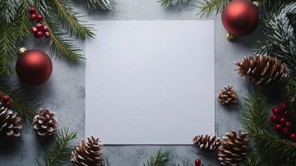 A blank white card for a personalized holiday message, adorned with red baubles and green pine cones.