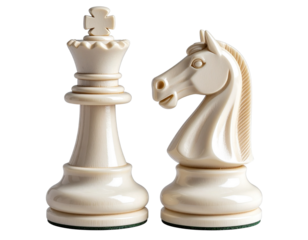 Elegant White Chess Queen and Knight Pieces Side by Side, Isolated on Transparent Background PNG
