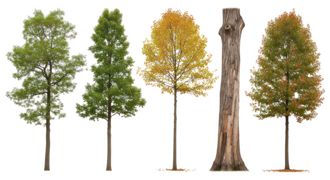 Deciduous trees in seasonal transitions and tree trunk isolated on transparent background