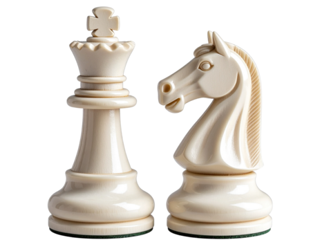 Elegant White Chess Queen and Knight Pieces Side by Side, Isolated on Transparent Background PNG