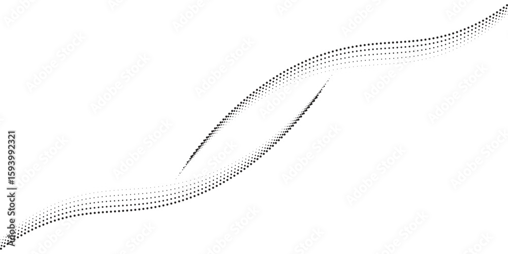 Poster flowing dots particles wave pattern 3d curve halftone black gradient curve shape isolated on white b