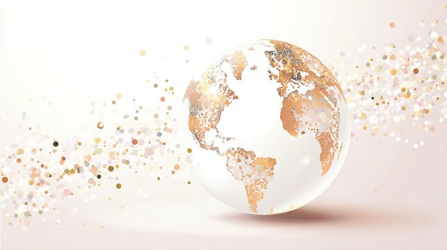 A translucent glass globe, featuring a rose gold-toned world map, rests on a soft pink background.  Rose gold and pastel confetti trails around the globe