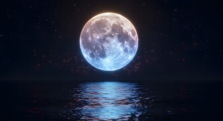 Ethereal Nightscape: Serene Ocean Reflecting a Luminescent Full Moon and Starry Sky