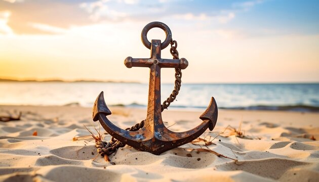 Rusty anchor on sandy beach at sunset (1) - Powered by Adobe