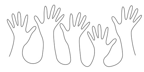 continuous line drawing of a group of open palms.one line vector of a person's hand open upwards.line art vector illustration