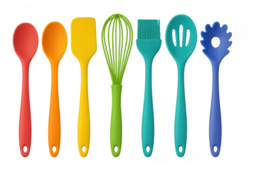Colorful silicone cooking utensils neatly displayed against transparent surface, showcasing diverse kitchen tools with sleek modern design